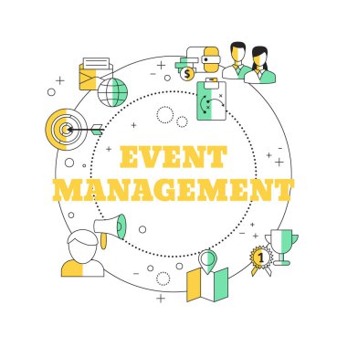 İş simgeleriyle etkinlik yönetimi kavramı. Vektör illüstrasyonu.