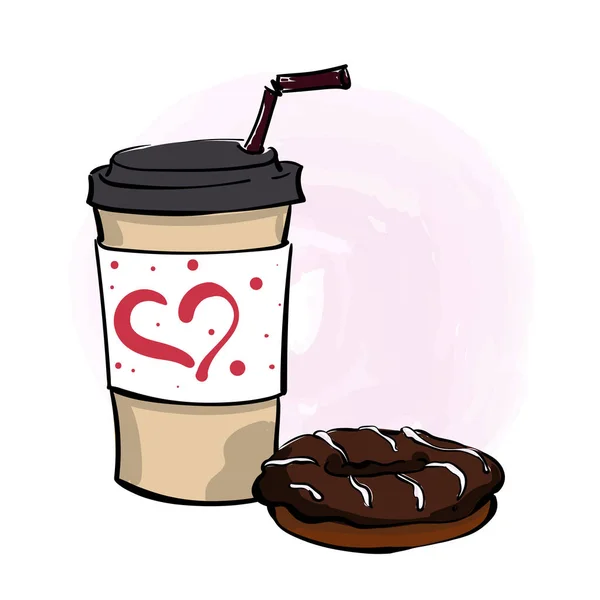 Illustration avec café pour aller tasse, beignet au chocolat — Image vectorielle