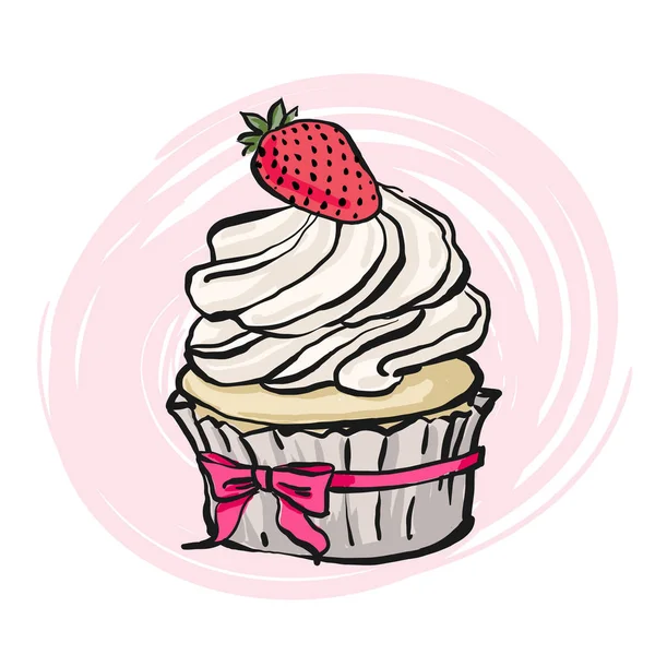 Édes kézzel rajzolt ábrán cupcake és eper. — Stock Vector