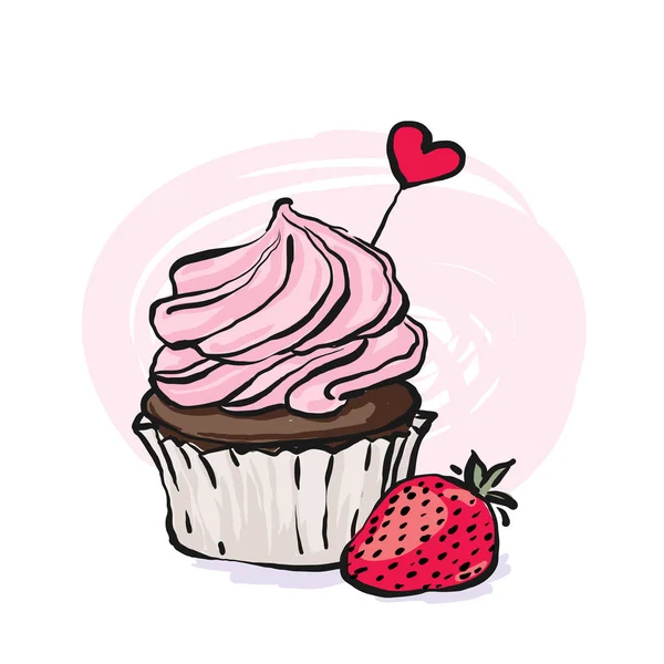 Süße handgezeichnete Illustration mit Cupcake und Erdbeere. — Stockvektor