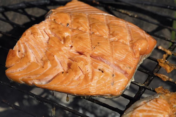 Grilled salmon fish fillet barbecue grill cooking — Stock Photo, Image