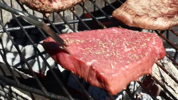 Rauw rundvlees steaks koken op barbecue grill — Stockvideo