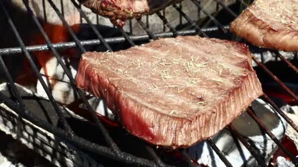 Ein gegrilltes Rindfleisch Steaks Kochen auf Grill — Stockvideo