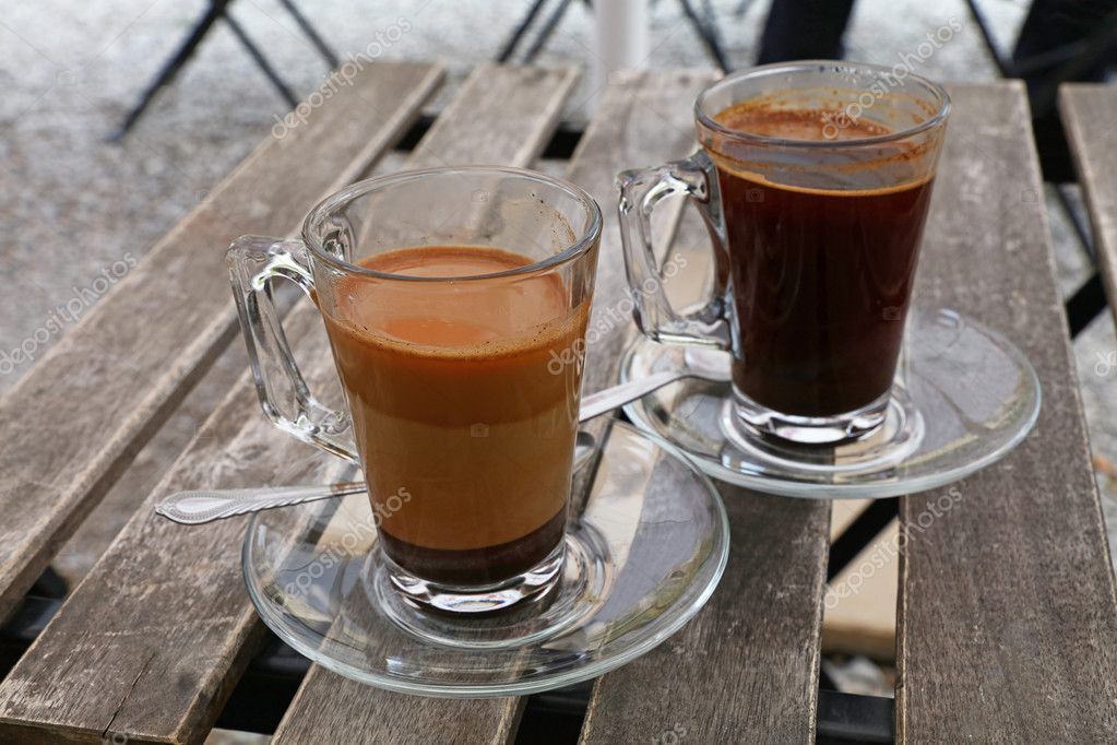 Two Turkish Coffee Glass Cups Black And With Milk Stock Photo Two Turkish Coffee Glass Cups Black And With Milk Stock Photo