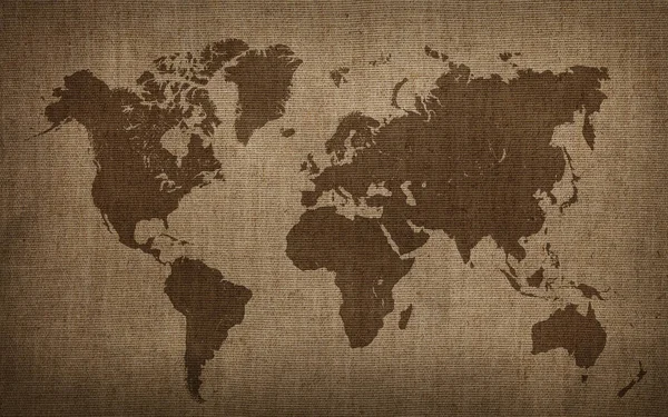 Mapa do mundo marrom na velha lona de linho de linho vintage — Fotografia de Stock