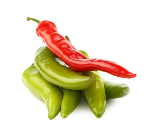 Green and red hot chili peppers close up on white — Stock Photo, Image