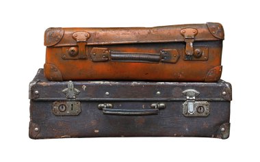 Eski vintage seyahat bavul üzerinde beyaz izole