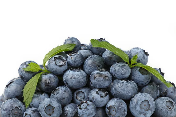 Frisch gewaschene Blaubeeren und Minzblätter auf weiß — Stockfoto