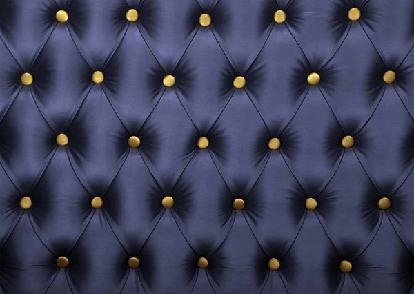 Capitone azul oscuro con botones dorados textura —  Fotos de Stock