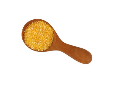 Beyaz ahşap Kepçe polenta irmik yakın çekim