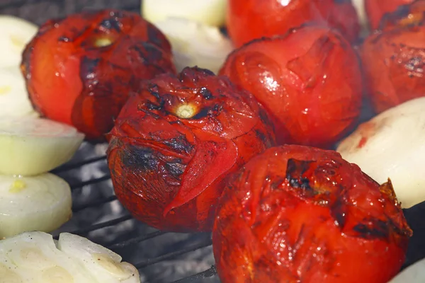 Kırmızı domates ve soğan barbekü ızgara üzerinde kapat