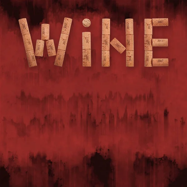 Ordet vin formas av korkar över grunge röd — Stockfoto
