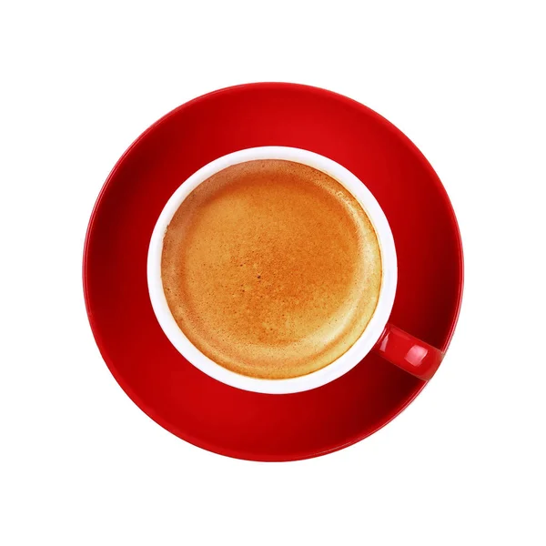 Ceașcă completă de cafea espresso în ceașcă roșie pe alb — Fotografie, imagine de stoc