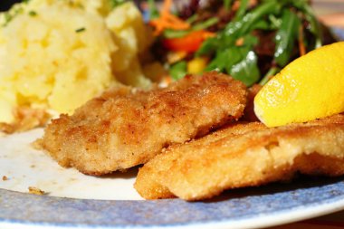 Wiener Schnitzel kadar patates ve salata ile yakın