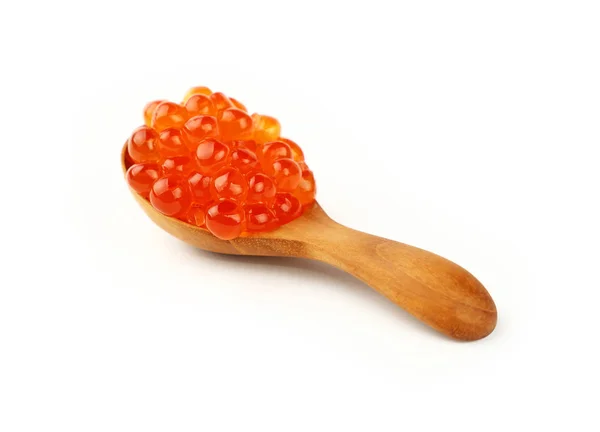 Wooden spoon of red salmon caviar close up — Stock Photo, Image