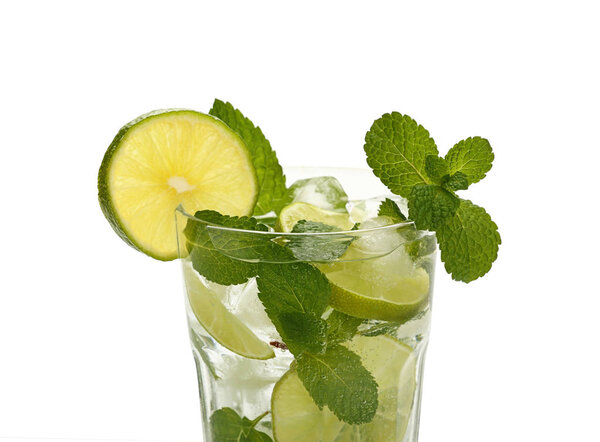 Close up one big glass of mojito isolated on white