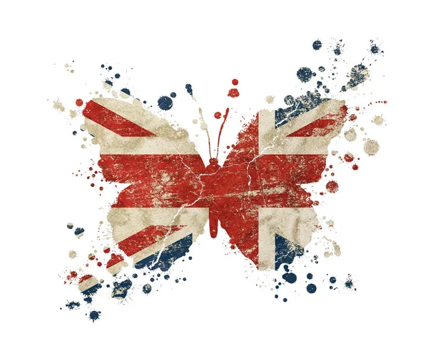 Fjäril formade gamla grunge Storbritannien Storbritannien flagga — Stockfoto