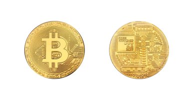 Altın bitcoin fiziksel sikke üzerinde beyaz izole