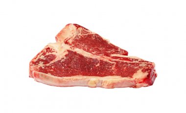 Çiğ Dana T-bone biftek üzerine beyaz izole kapatmak