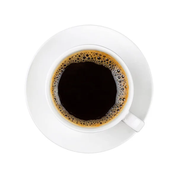 Άσπρο φλυτζάνι του μαύρου καφέ στο πιατάκι απομονωμένες — Φωτογραφία Αρχείου