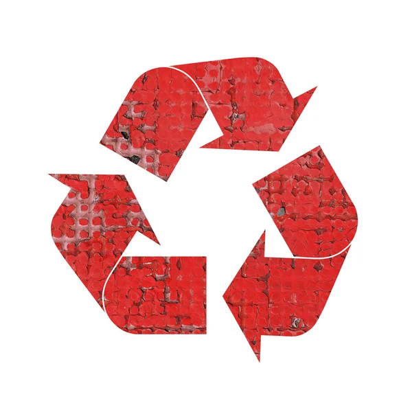 Grunge símbolo de reciclagem vermelho de metal industrial — Fotografia de Stock