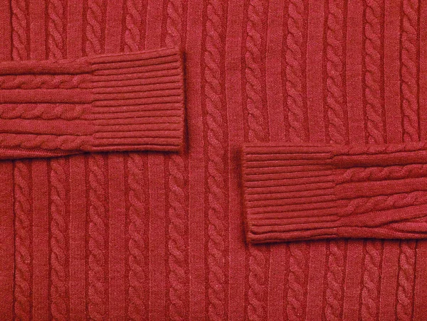 Zamknij Tło Tekstury Czerwony Kabel Dzianina Wełna Sweter Tkanina Rzędu — Zdjęcie stockowe