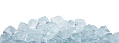Close up clear ice cubes and rocks isolated on white background, low angle side view clipart