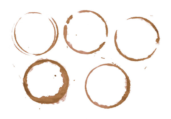 Dry brown coffee cup or mug ring stains and blob drops isolated on white background