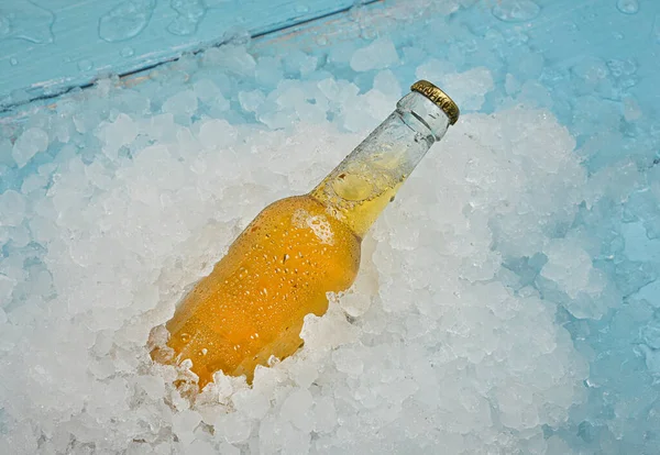 Cierre Una Botella Vidrio Transparente Cerveza Fría Lager Hielo Triturado — Foto de Stock