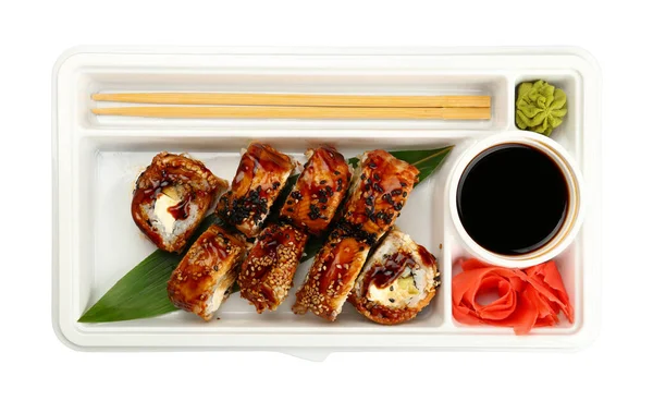 Set Asporto Vicino Sei Rotoli Sushi Unagi Con Anguilla Vassoio — Foto Stock