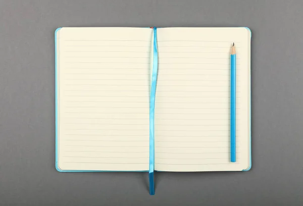 Jeden Otwarty Skórzany Notatnik Niebieskim Ołówkiem Szarym Papierowym Tle Płaski — Zdjęcie stockowe