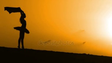 Sunset bulvarında bir kumsalda dans siluet