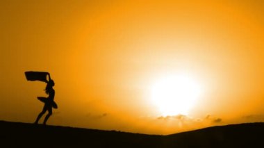 Sunset bulvarında bir kumsalda dans siluet