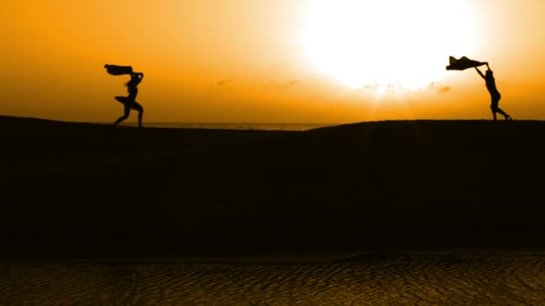 Silhueta dançando em uma praia no pôr do sol — Vídeo de Stock