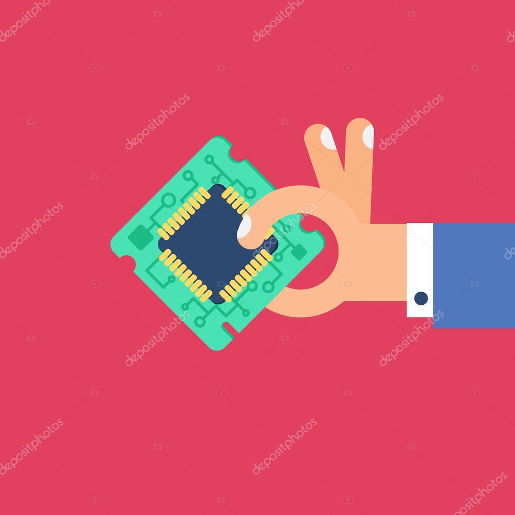 Computer Processor Chip in hand. Symbol of programmer hard work, system administrator activities, scientific innovation, technical advancements and robotics. High tech microprocessor. Vector