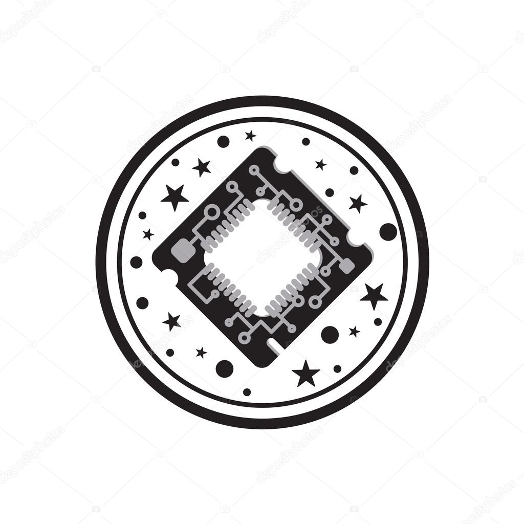 Computer Processor Chip. Symbol of programmer hard work, system administrator activities, scientific innovation, technical advancements and robotics. High tech microprocessor. Vector