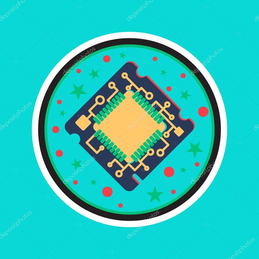 Computer Processor Chip. Symbol of programmer hard work, system administrator activities, scientific innovation, technical advancements and robotics. High tech microprocessor. Vector