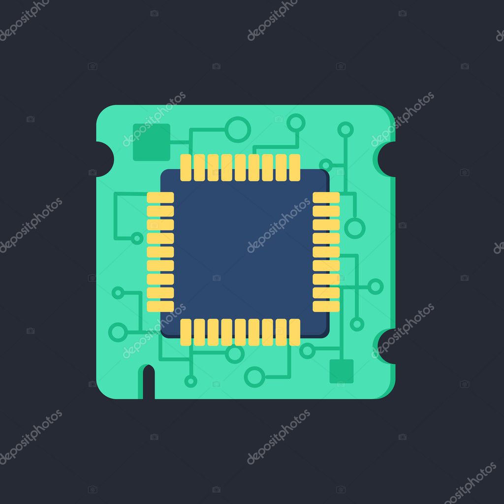 Computer Processor Chip. Symbol of programmer hard work, system administrator activities, scientific innovation, technical advancements and robotics. High tech microprocessor. Vector