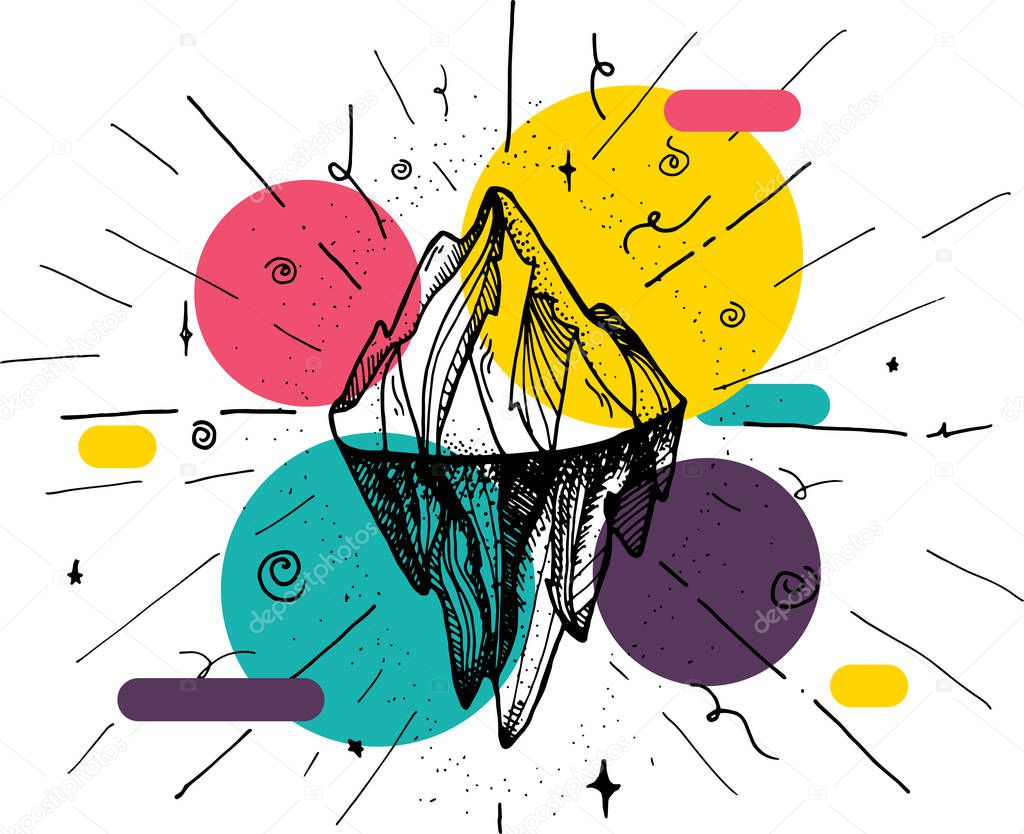 Inspirational mountain for tattoo, print, fabric, t-shirt, greeting, card. Vintage boho hand drawn nature iceberg peak. Travel outdoors adventure sign. Motivational meditation design element. Vector