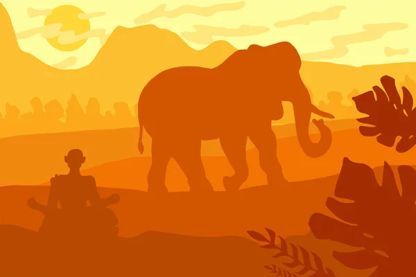 Paisaje tropical indio con elefante y monje — Vector de stock