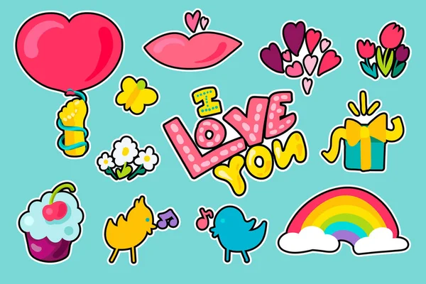 Patches de amor romântico vetorial definido em estilo doodle — Vetor de Stock