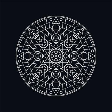 Siyah üzerine izole edilmiş gümüş geometrik mandala çizgi çizimi