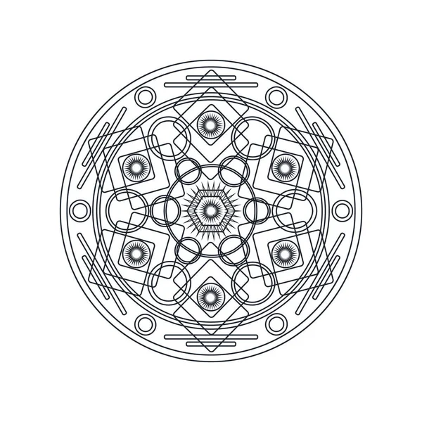 Monochromatyczna mandala geometryczna cienka linia wektorowa ilustracja — Wektor stockowy