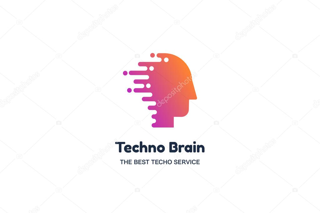 Techno brain negative space logotype concept. IT company, AI technology conference banner template