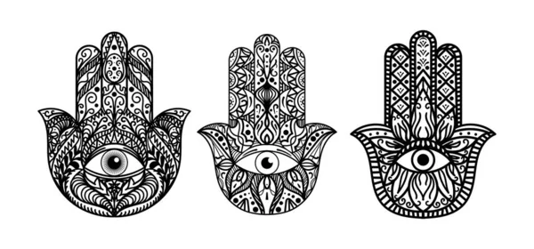 Hamsa, fatima mão monocromático ilustrações conjunto — Vetor de Stock