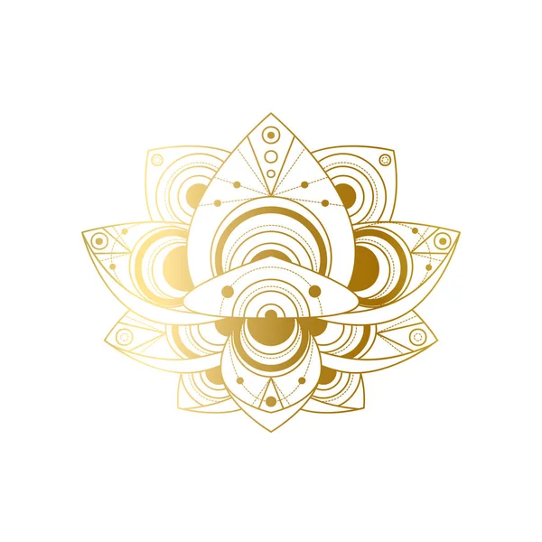 Fiore di loto con ornamento geometrico dorato vettore illustrazione lineare — Vettoriale Stock