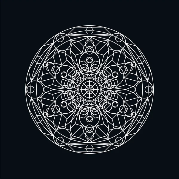 Ilustración lineal de mandala geométrica plateada aislada en negro — Vector de stock