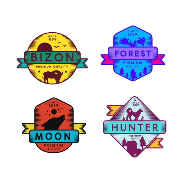 Wild Bizon und Jäger, Mond und Wald Set Logo — Stockvektor