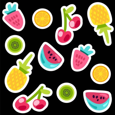 Meyve renk çıkartmaları kümesi doodle. Ananas, karpuz, kivi, portakal, vişne yamalar koleksiyonu