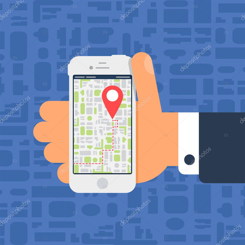 Social Life with Smartphone. Electronic Map On Smartphone In Hand in flat minimalistic style. Vector